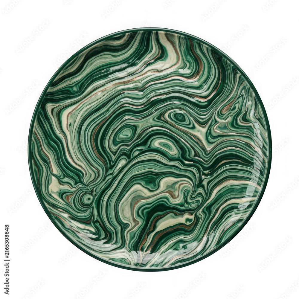 Obraz premium Round plate with a green and white marble pattern with gold accents isolated on transparent background