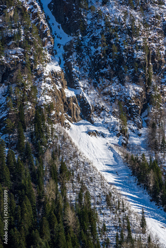 Serene winter landscape featuring snow-covered mountain slope, with dense evergreen forests and rocky outcrops, bathed in soft sunlight.Karachay-Cherkessia. Dombay 2025. Nature concept for design.