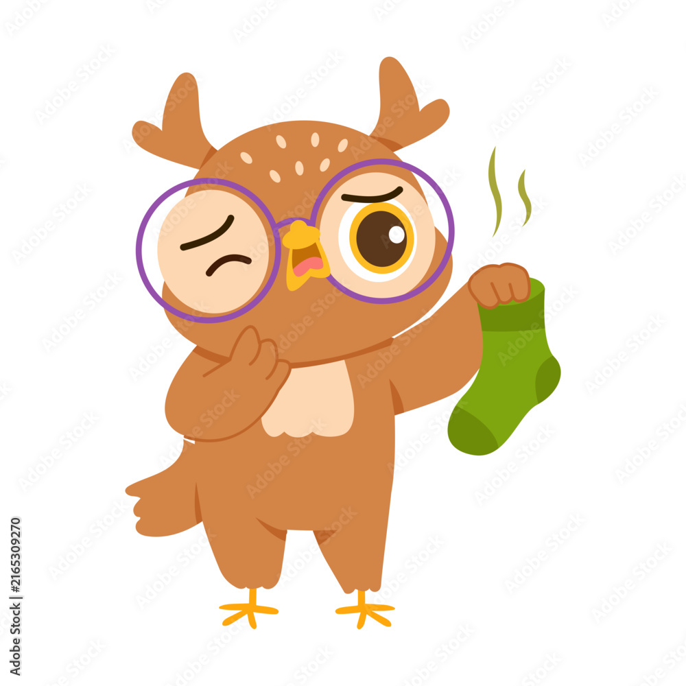 Fototapeta premium A funny owl reacting to a stinky sock, perfect for odor, laundry, hygiene, comedy, and household themes.