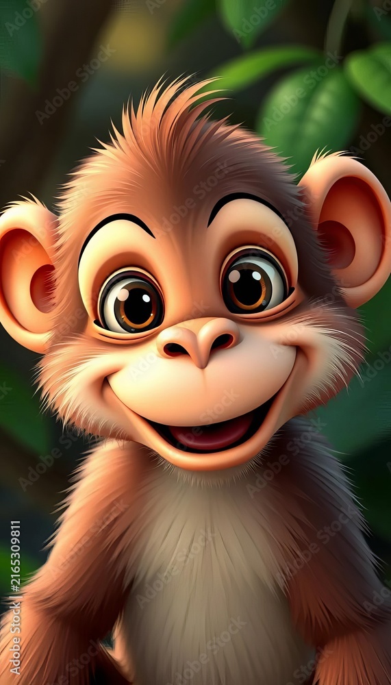 Obraz premium Adorable cartoon monkey with big smile and curious expression, illustration, cheerful