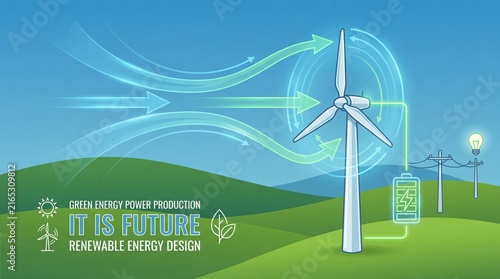 Windmill and graphic diagram of air currents that produce green energy. Green energy power production it is future. Renewable energy design. Digital graphic work on green energy power Production