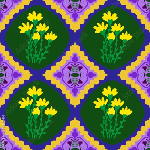 seamless floral pattern Vibrant folk art seamless pattern with yellow flowers on green background in purple and gold diamond frames