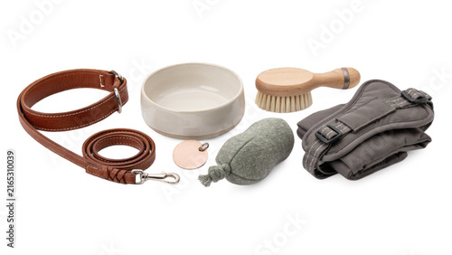 Set of various pet care accessories including leather leash collar bowl grooming brush and soft toy isolated on white background 