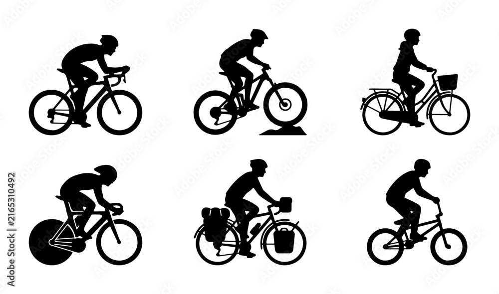 Fototapeta premium Cyclist Silhouettes: Diverse Bicycle Riders, Sports & Recreation, Vector Icons Set