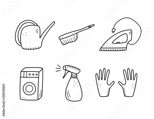 Inventory for cleaning the room doodle icons. Vector illustration of cleaning products and interior items.
