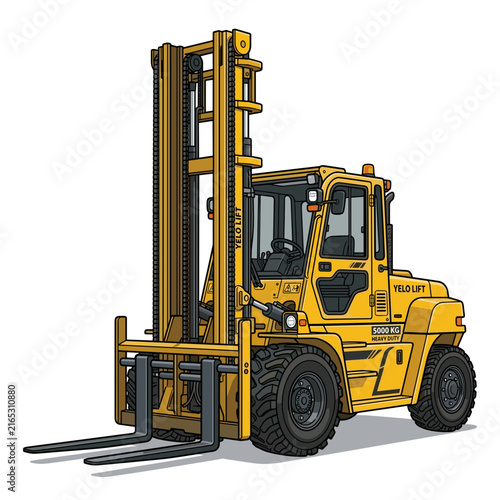 Detailed vector illustration of a heavy-duty industrial yellow forklift truck isolated on a white background