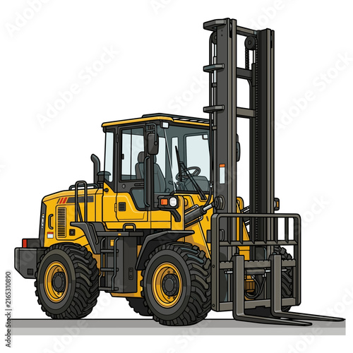 Yellow heavy duty industrial forklift truck illustration for warehouse logistics and heavy equipment cargo handling operations