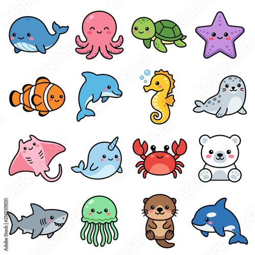 Collection of cute cartoon sea creatures in kawaii style including whale octopus turtle and dolphin vector characters