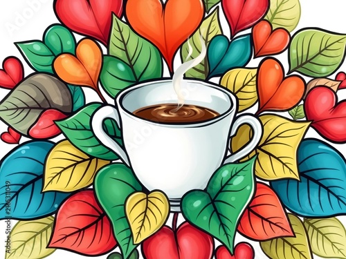 ☕️ Hand-drawn design featuring a coffee cup surrounded by heart-shaped leaves, art, greenery