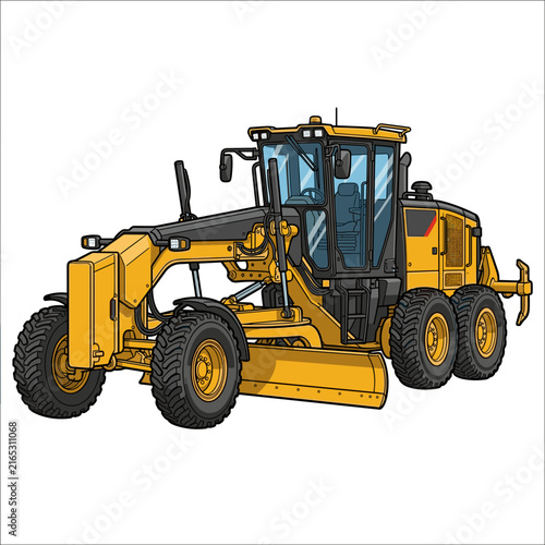 Yellow Motor Grader Road Construction Heavy Equipment Vehicle Vector Illustration Isolated on White
