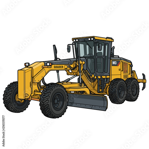 Yellow motor grader illustration for heavy road construction and industrial leveling machinery isolated on white