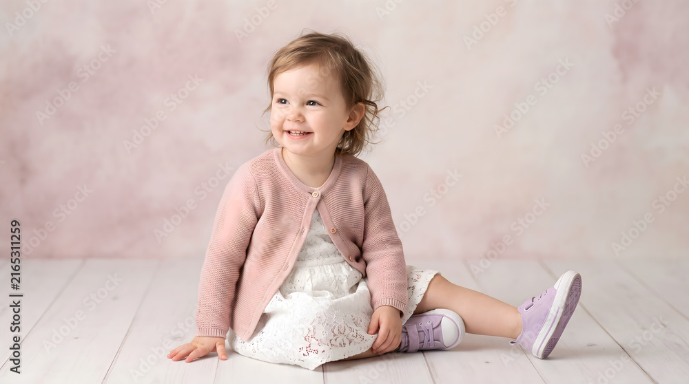 Fototapeta premium Happy little toddler girl smiling while sitting on a light wooden floor wearing a pink cardigan and white dress against a soft pastel background.