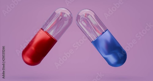 Close up of  two glass transparent capsules medicine spin on pink background , 3d animation VDO 4k.