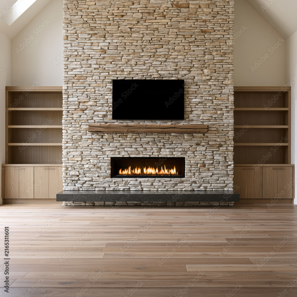 Fototapeta premium Spacious modern rustic living room with stone fireplace, wooden shelves, flat screen television, and warm natural light ambiance