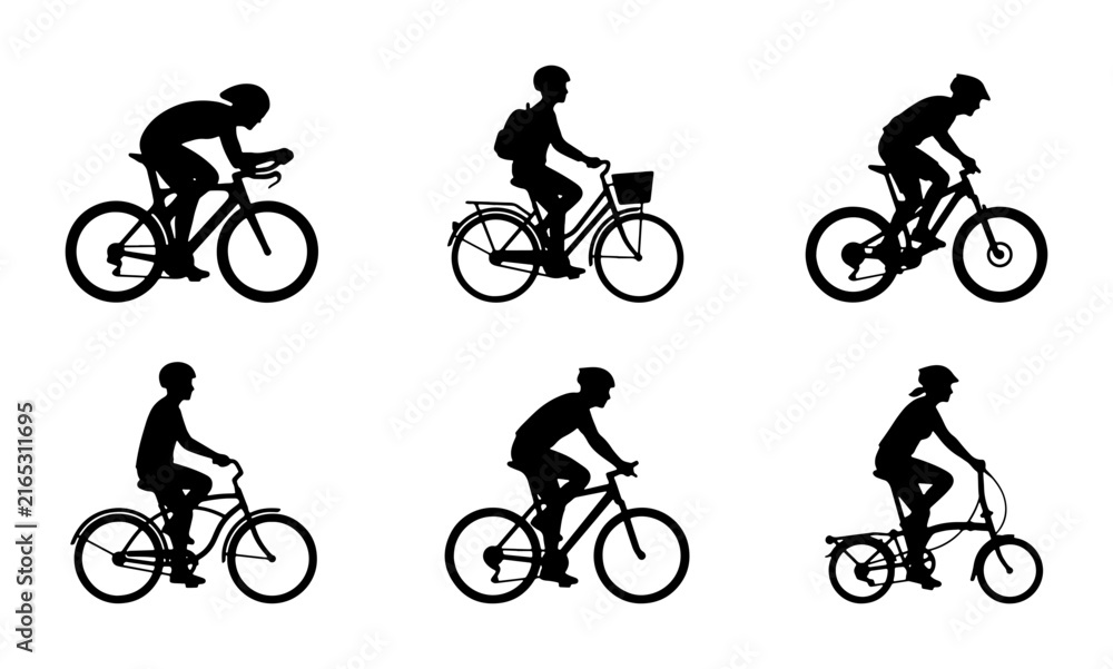 Naklejka premium Six Bicycle Silhouettes, Cyclist Icons, Urban Commute & Sport Vector Set