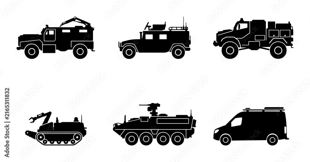 Obraz premium Military Transport Vehicles Vector Icons Set, Armored Cars and Special Equipment Silhouettes