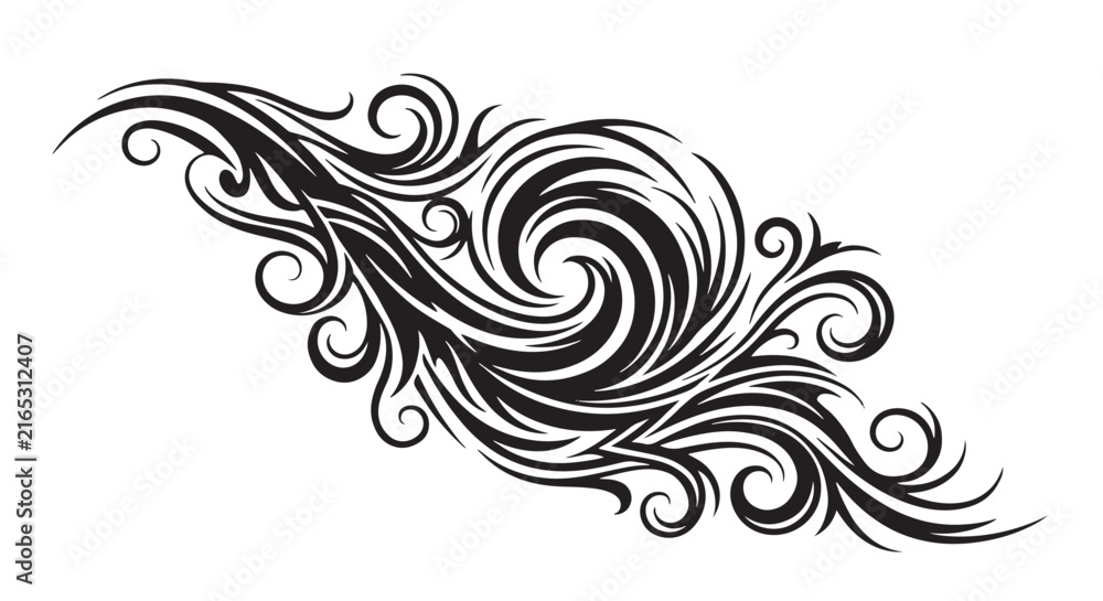 Fototapeta premium Abstract flowing wave swirl decorative design element in black ink style with ornament decorative abstract illustration movement