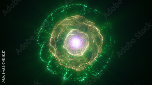 Concentric green and gold particle rings with a radiant purple core and dotted halo, creating a futuristic energy portal on a dark background.