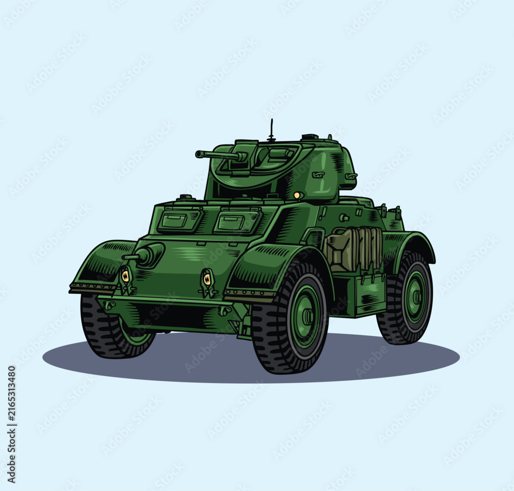 Fototapeta premium Retro hand drawn illustration of a classic green military armored scout car