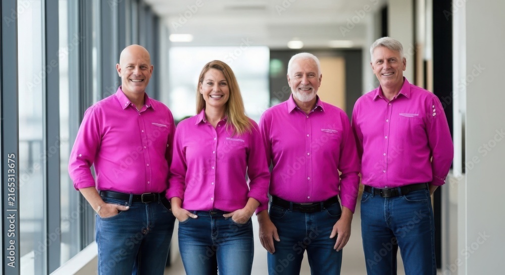 Obraz premium Four smiling people in matching pink shirts isolated on white background