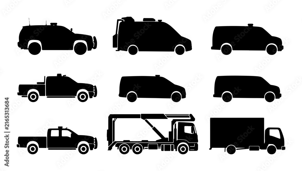 Fototapeta premium Vehicle Silhouettes Collection: SUV, Pickup Truck, Van, Box Truck, Tow Truck Icons
