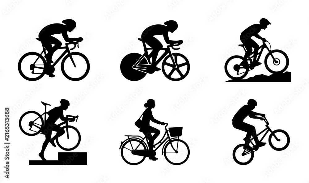Fototapeta premium Cycling Silhouettes: Diverse Rider Poses, Road Bike, Mountain Bike, BMX, Triathlon, Vector Icons