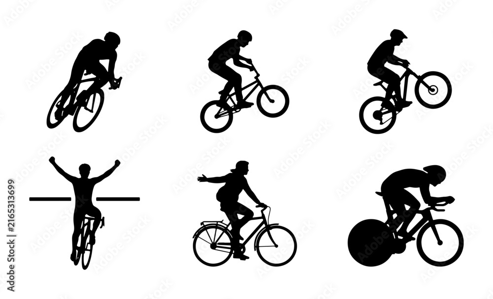 Fototapeta premium Cycling Silhouettes Collection: Action Sports, Bicycle Riders, Athlete Poses, Vector Icons