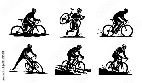 Foto Cyclocross Racing Silhouettes, 6 Action Poses, Muddy Terrain Vector Set