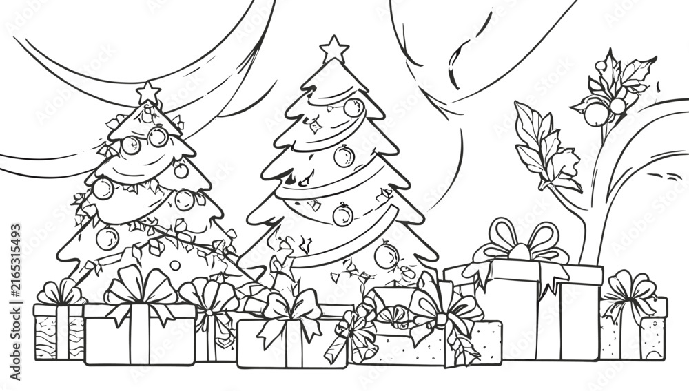 Fototapeta premium A festive Christmas scene featuring two beautifully decorated trees surrounded by numerous wrapped gifts, with a hint of winter foliage in the background.