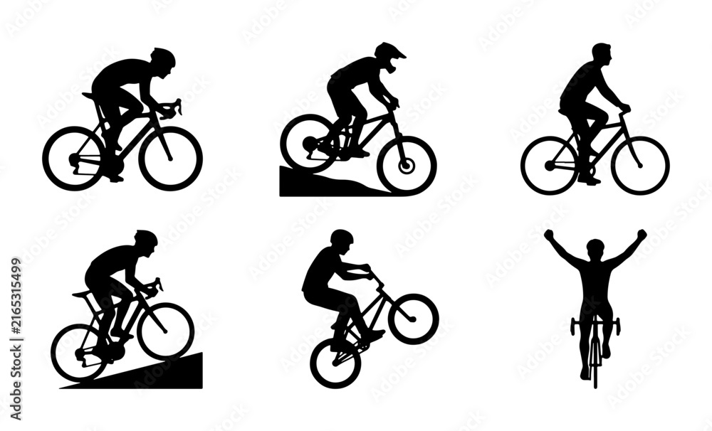 Fototapeta premium Cycling Silhouettes: Diverse Bicycle Sports Actions, Mountain Biking, Road Racing, BMX Tricks, Vector Set