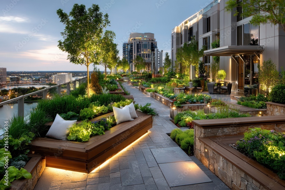 Naklejka premium Tranquil Rooftop Garden at Dusk with City Views
