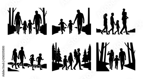 Family Walking Silhouettes, Outdoor Scenes, Nature Backgrounds, Vector Icons