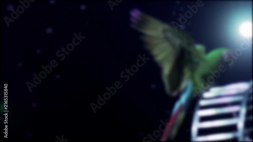 Vibrant colorful parrot performs amazing acrobatic stunt on rotating wheel in bright stage light against dark background mesmerizing avian display, slow motion, blurry