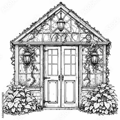 Vintage greenhouse door adorned with thorny vines, hanging lanterns, and carnivorous plants on a white background