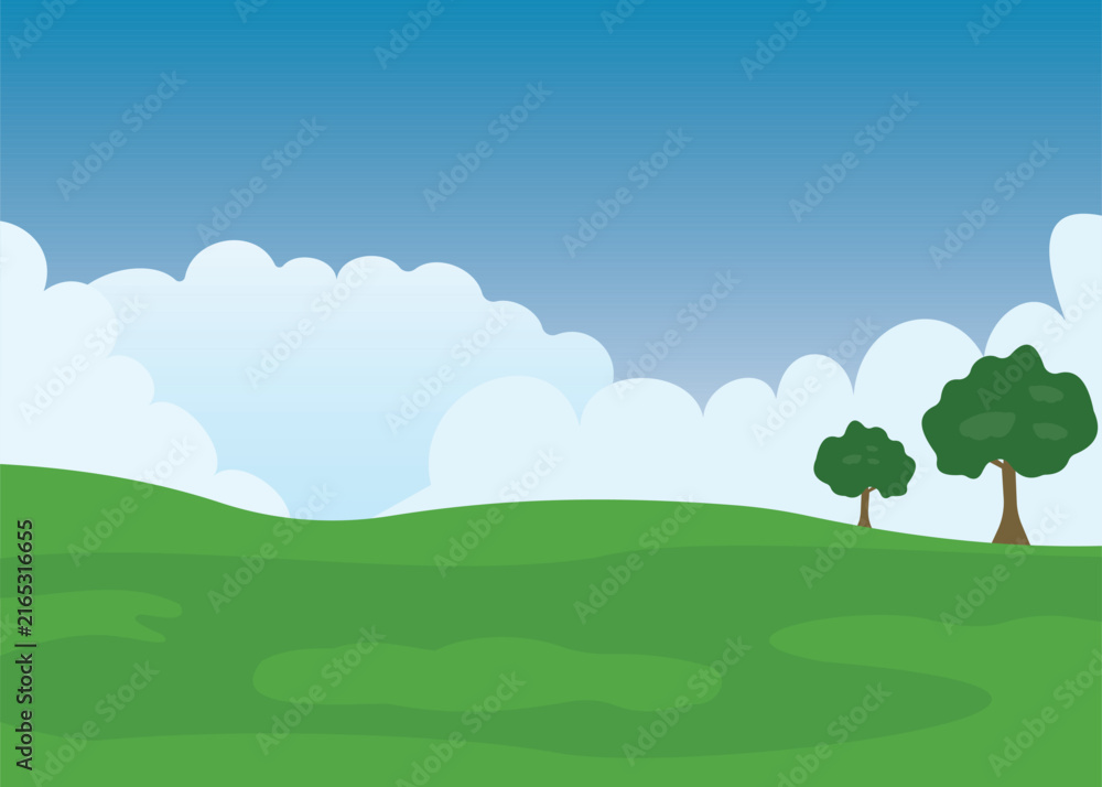 Fototapeta premium Peaceful Green Landscape with Rolling Hills, Trees and Clear Blue Sky Background
