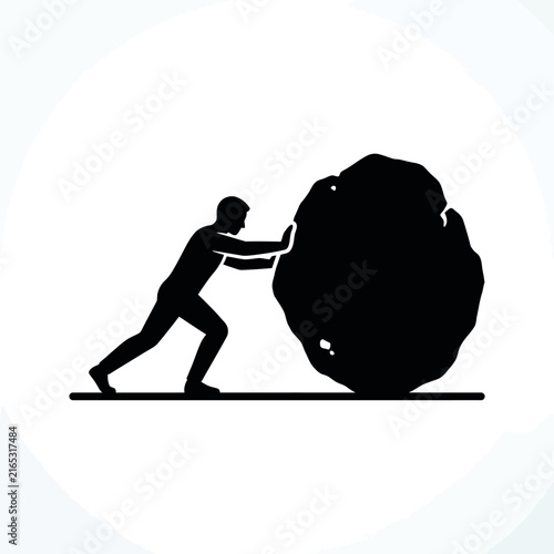 Man pushing a large heavy rock uphill symbolizing effort and perseverance.