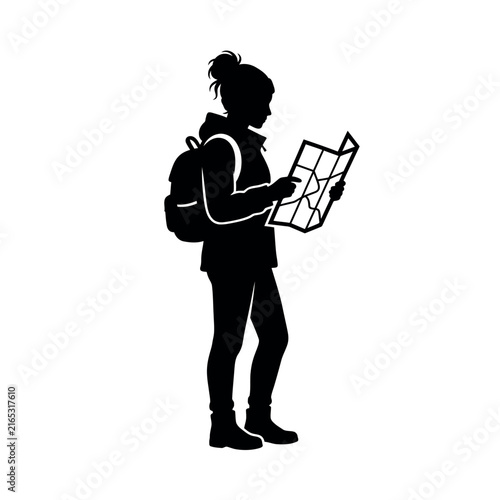 Silhouette of a female traveler with a backpack looking at a map exploring new destinations.