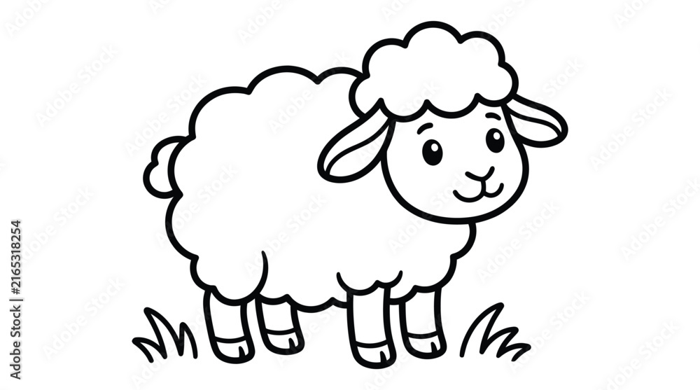 Obraz premium A cute little fluffy sheep standing in the grass for a fun and creative printable kids coloring page activity