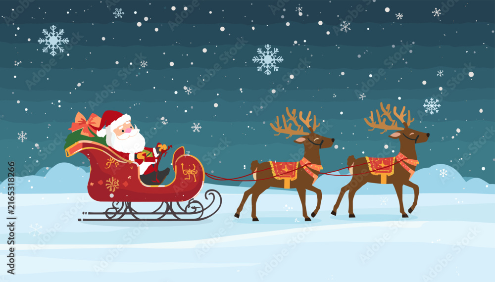 Fototapeta premium Santa Claus riding in his sleigh pulled by two reindeer through a snowy landscape during Christmas.