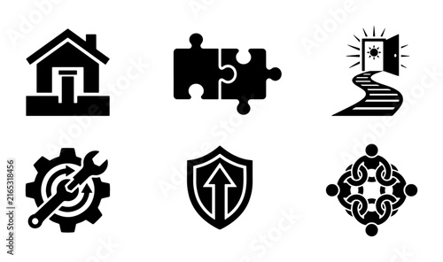 Business Solutions Icons: Home, Puzzle, Opportunity, Strategy, Security, Teamwork