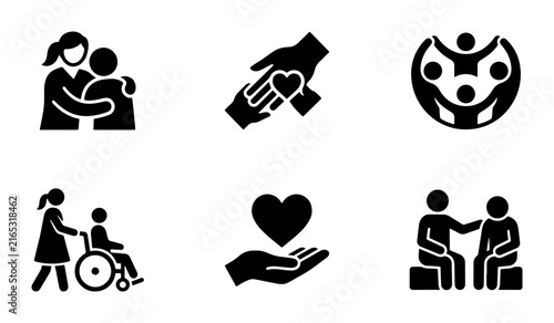 Care Icons Set: Support, Community, Compassion, Empathy, Helping Hands, Friendship