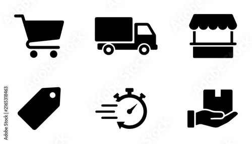 E-commerce Icons Set: Shopping Cart, Delivery Truck, Stall, Tag, Stopwatch, Package Delivery
