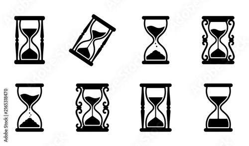 Hourglass Icons Set, Sand Timer Collection, Vintage Time Measurement Symbols, Black Vector Graphics