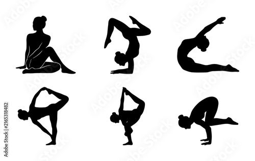 Yoga Poses Silhouettes, Flexible Body Shapes, Wellness & Fitness Vector Icons Set