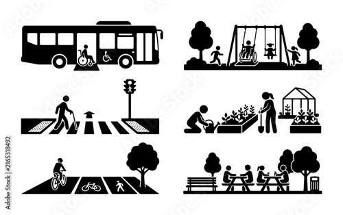 Urban Lifestyle Icons: Bus, Park, Garden, Cycling, Pedestrian, Recreation Set