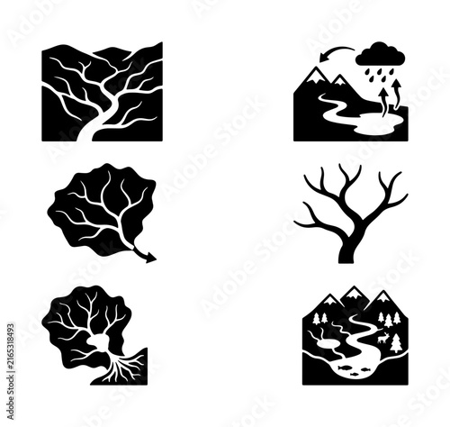 Hydrology Icons Set: River Systems, Watersheds, Water Cycle, Tree Roots, Mountain Streams