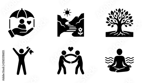 Life Icons Set: Health, Nature, Growth, Success, Friendship, Meditation