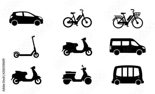 Modern Transportation Icons: Electric Bikes, Scooters, Cars, and Vans Vector Set