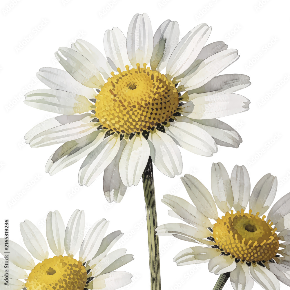 Fototapeta premium White daisy flowers isolated on white background, botanical floral illustration