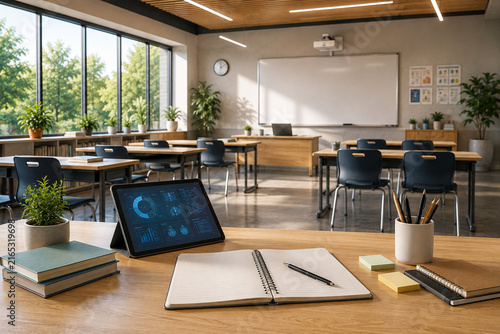 Modern Classroom with Digital Tablet and Study Desk